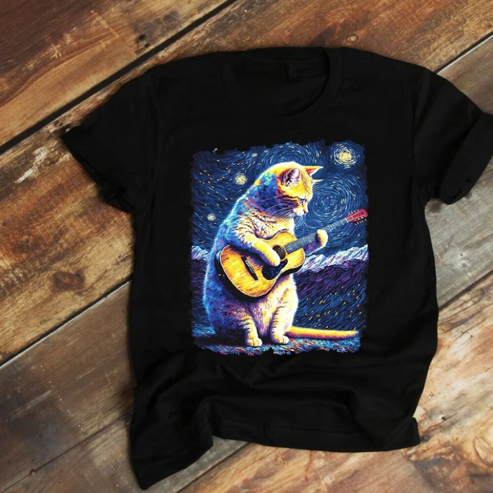 k Cat Playing Guitar Van Gogh Style Art T-shirt, Cat Lovers Tees - Picture 1 of 4